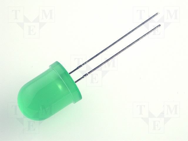 10mm, zaļa, 20...70mcd, 60°, 2.2...2.5V/20mA, 565nm, gaismas diode