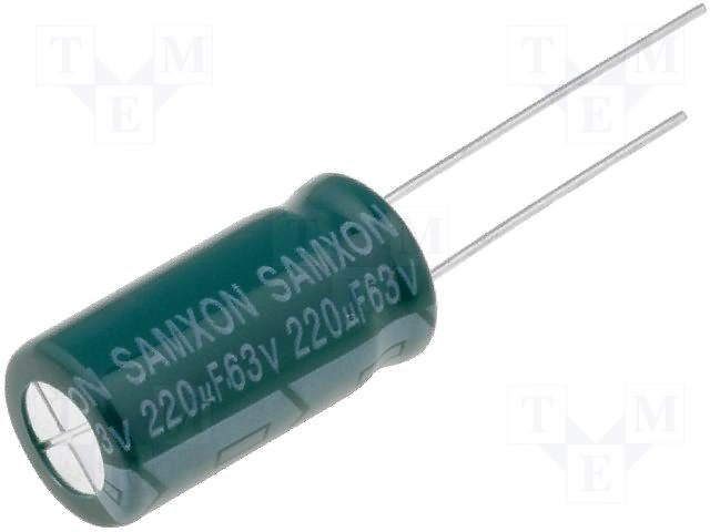 220/63V, 105C, Ø10x20mm, ±20%, Kondensatori zemas induktivitātes, 3000h, SAMXON, ar lokaniem izvadiem