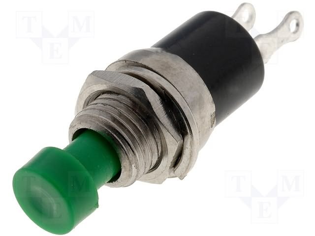 Poga SPST-NO, OFF-(ON), 1A/250VAC, Ø7mm*22mm, zaļa krasa, bez fiksacijas