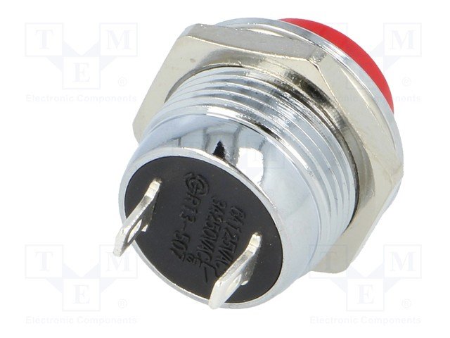 Poga SPST-NO, OFF-(ON), 3A/250VAC, Ø19x23mm, M16x1, metal/sarkana krasa, bez fiksacijas