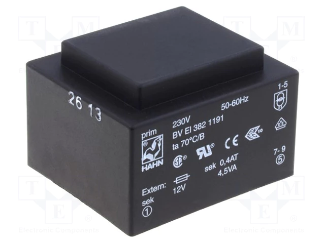 Transformators 220V=>12V, 370mA, 4.5VA, 40.6x34.9x28.1mm