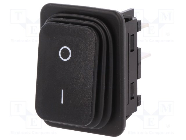 Taustiņslēdzis DPST, OFF-ON, 20A/250VAC, 36.4x27.8x26.5mm, IP65, (O-I), 6.3x0.8mm, melnā krasa, ar fiksāciju, Marquardt