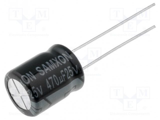 470/25V, 105C, Ø10x12.5mm, ±20%, Kondensators elektrolītisks, 2000h, SAMXON, ar lokaniem izvadiem