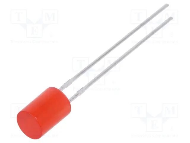 5mm, sarkana, 70...120mcd, 130°, 1.6...2.4V/20mA, 624nm, gaismas diode, plakana