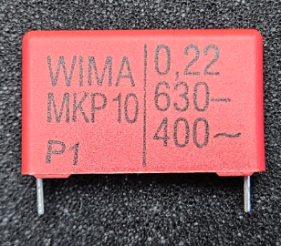 220nF/630VDC, 400VAC, ±20%, poliesters kondensātors, 22.5mm, 6x15x26.5mm, WIMA