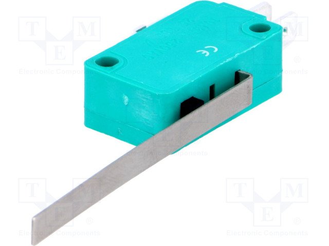 Mikropārslēdzējs ar sviru L=53mm, SPDT, ON-(ON), 10A/250VAC, IP40, konektori 4.8x0.5mm, 28x10.3x16mm, viens kontakts uz pārslēgšanu