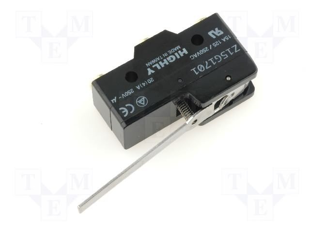 Mikropārslēdzējs ar sviru L=63.5mm, SPDT, ON-(ON), 20A/250VAC, IP40, 49.2x17.45x24.2mm, viens kontakts