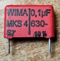 100nF/630VDC, 400VAC, ±20%, poliesters kondensātors, 15mm, 6x12.5x18mm, WIMA