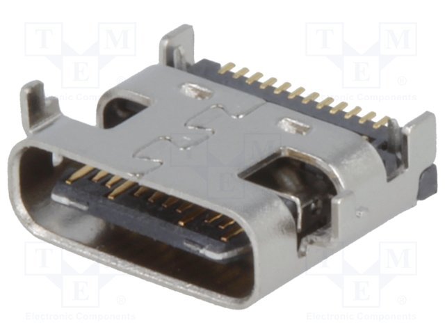 USB-C (type C), 3.1, ligzda uz šasija, SMT, vidū platei, 4 piestiprinājuma punkti, 24pin