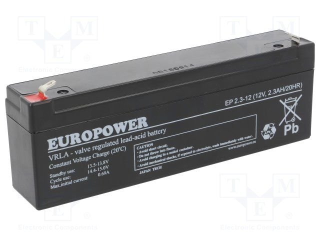 Rūpņiecības svina-skabes akumulators 12V, 2.3Ah, 178x34x65mm, AGM, 0.94kg, EUROPOWER