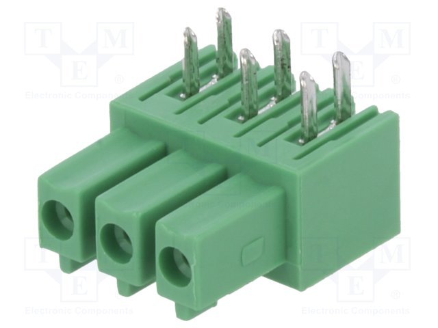 Terminal blocks PCB, ligzda/štekers, 3pin, 3.81mm, leņķisks, 7A