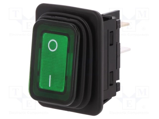 Taustiņslēdzis DPST, OFF-ON, 20A/250VAC, 31.5x25x16.20mm, IP65, (O-I), 6.3x0.8mm, ar apgaism. neon. spul., zala krasa, ar fiksāciju, Marquardt