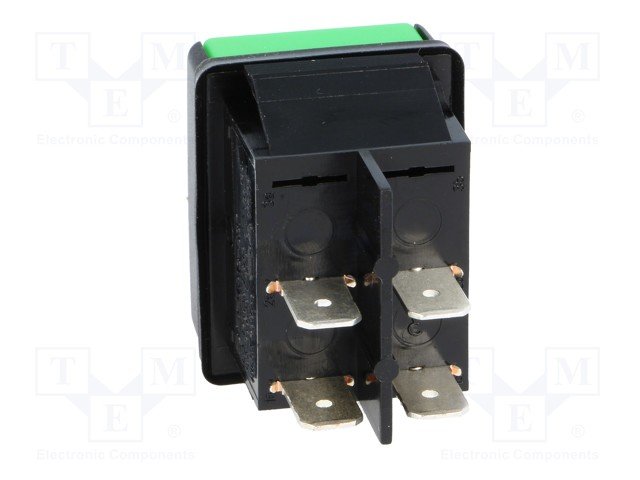 Taustiņslēdzis DPST, OFF-ON, 10A/250VAC, 30.4x22.2mm, zaļš/sarkans, push-button, ar fiksāciju
