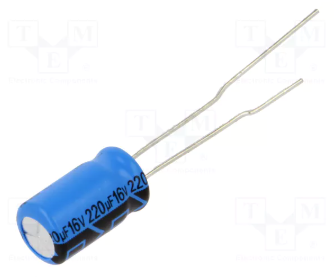 220/16V, 105C, Ø6.3x11mm, ±20%, Kondensators elektrolītisks, 2000h, VISHAY, ar lokaniem izvadiem