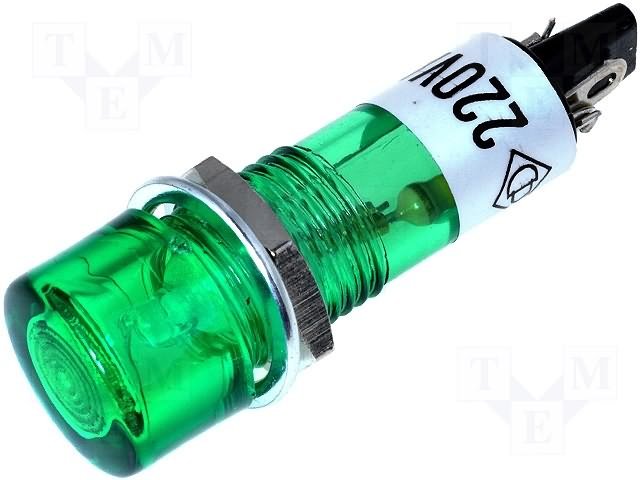 Neonu Indikatora lampiņa, 220V 12x37.5mm, FLUO, zaļa krasā