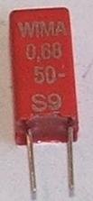 680nF/50VDC, 30VAC, ±10%, poliesters kondensātors5mm, 4.5x4.5x9mm, WIMA