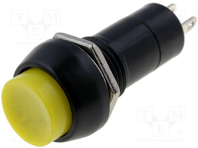 Poga SPST-NO, OFF-(ON), 1A/250VAC, Ø12mm, Ø17.2x35.2mm, dzeltena krasa, bez fiksacijas