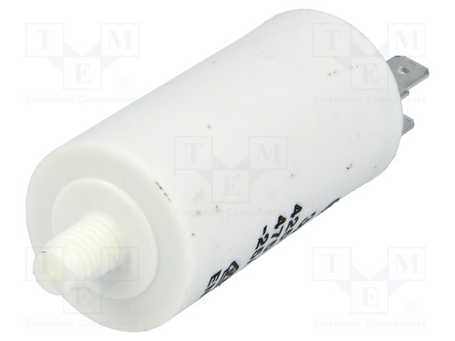 3.0/425VAC, ±5%, elektromotoru kondensators, klemes 6.3mm, 10000h, M8, Ø28x55mm
