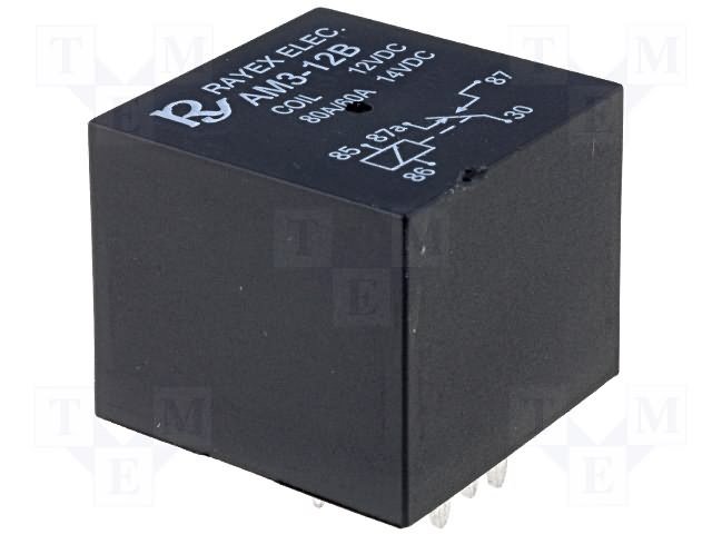 Relejs DC12V, SPDT, 60A/14VDC, 50R(240mA), viens kontakts uz pārslēgšanu, 28x28x25mm, RAYEX ELECTRONICS
