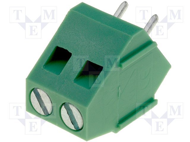 Terminal Blocks PCB, ar skrūvēm, 2pin, 5mm, 2.5mm2, 250V/24A, 15.5x13.3.x10mm, leņķisks, 45°