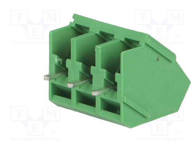 Terminal Blocks PCB, ar skrūvēm, 3pin, 5mm, 2.5mm2, 250V/24A, 15.5x13.3.x15mm, leņķisks, 45°