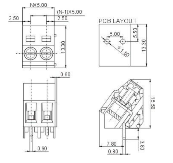 Terminal Blocks PCB, ar skrūvēm, 3pin, 5mm, 2.5mm2, 250V/24A, 15.5x13.3.x15mm, leņķisks, 45°