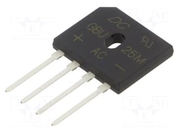 GBU2510 Tiltiņš 1000V, 25A, 21.8x18.2x3.4mm, plakans, vertikāls