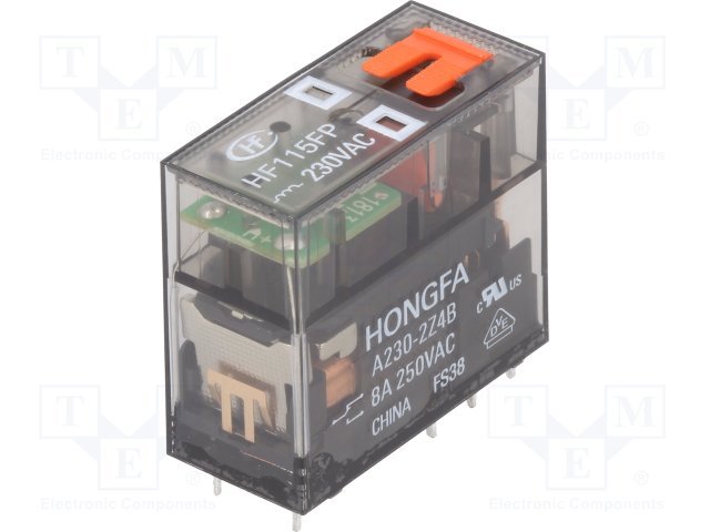 Relejs 230V/AC, DPDT, 2x8A/250VAC, 32.5kΩ(7.08mA), divi kontakti uz pārslēgšanu, 29x25.5x13mm, HONGFA RELAY