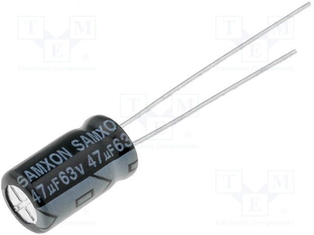 47/63V, 105C, Ø6.3x11mm, ±20%, Kondensators elektrolītisks, 1000h, SAMXON, ar lokaniem izvadiem