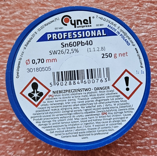0.7mm 60Sn/40Pb 250g Lodalva ar flusu F-SW26, No Clean, 2.5%, 190°C