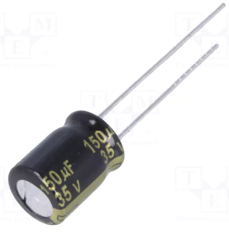 150/35V 105C, Ø8x11.5mm, ±20%, Kondensatori zemas induktivitātes, 3000h, PANASONIC, ar lokaniem izvadiem