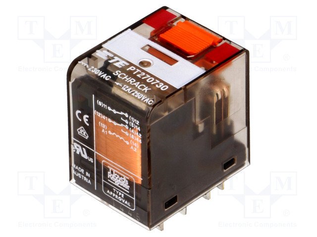Relejs 230V/AC, DPDT, 2x12A/250VAC, 12A/30VDC, 19.465kΩ(12mA), divi kontakti uz pārslēgšanu, 2,8x0,5mm konektors, 28x22.5x30mm, TE Connectivity