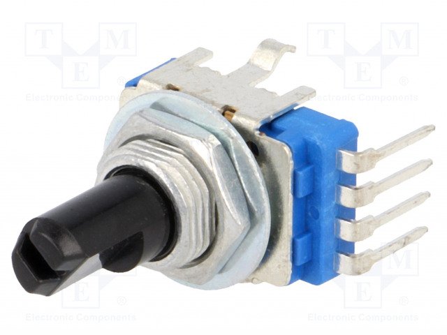 50K mono, 12x14x7.5mm, 4pin, 50mW, 6mm, L=9mm, potenciometrs ar lineare atkarību, THT, vertikāls, D-profils, tonkompensacija
