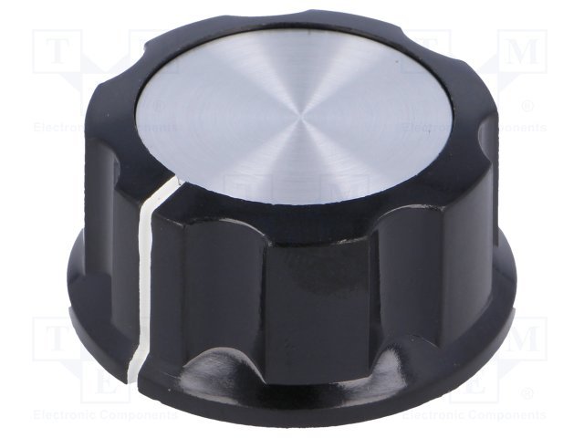 Potenciometru rokturitis Ø29.6x16mm, bakelits, melnā/sudraba krasa, Ø6.35mm, ar skrūvi, svārki Ø33mm