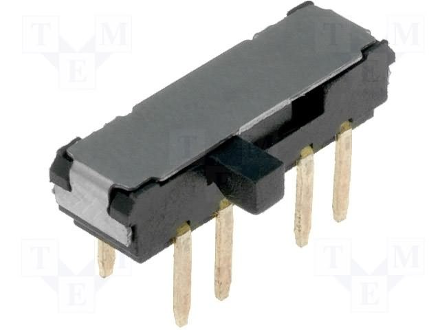 Pārslēdzējs slīdbīdņu DP3T, 0.3A/6VDC, OFF-ON-ON, 13x3.6x3.5mm, L=2mm, leņķisks, divi kontakti uz trīm stāvoklim