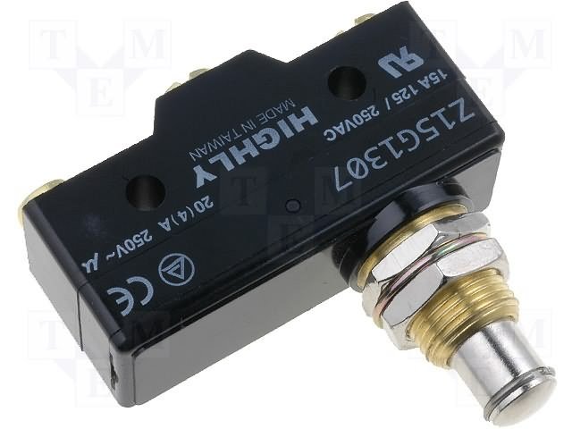 Mikropārslēdzējs ar štoku, SPDT, ON-(ON), 20A/250VAC, IP40, 49.2x17.45x24.2mm, viens kontakts