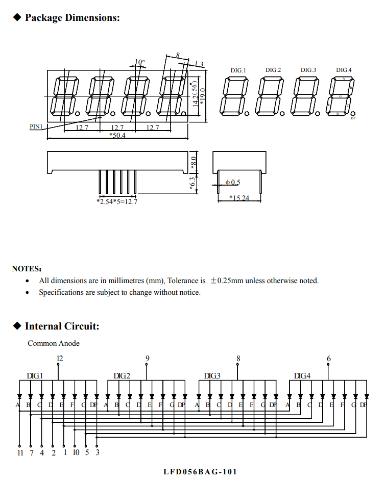 7LED indikators, ceturtkāršs, 14.2mm, 5.2mcd, 19x50mm, kopējs anods, zaļa krasa