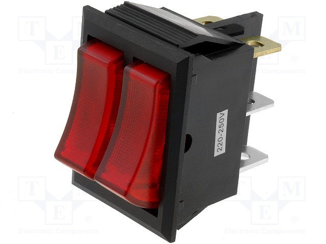Taustiņslēdzis SPSTx2, OFF-ON + OFF+ON, 10A/250VAC, 32x22x26.6mm, ar apgaism. neon. spul., sarkanā krasa, ar fiksāciju