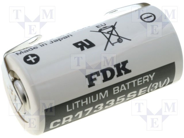 Litija baterija ar plakaniem izvadiem, lodēšanai, 3.0V, 17335, 2/3A,2/3R23, Ø17x33.5mm, 1800mAh