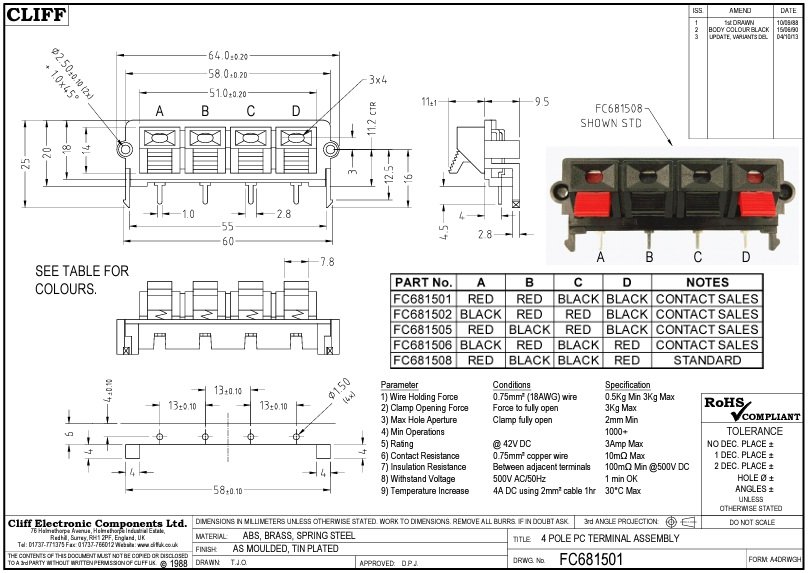 Termināls tumbam, 4vadi, PCB snap-in, L=58mm, THT
