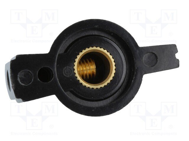 Potenciometru rokturitis Ø19x17mm, bakelits, melnā krasa, Ø6.4mm, ar skrūvi, knābis ar rādītāju